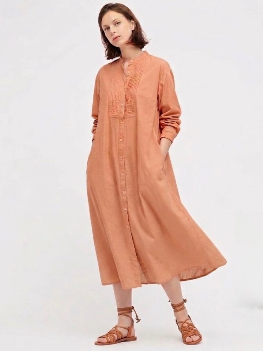 100% Cotton Striped Shirt Midi Dress Sz M Pintuck High Neck Lagenlook Boho